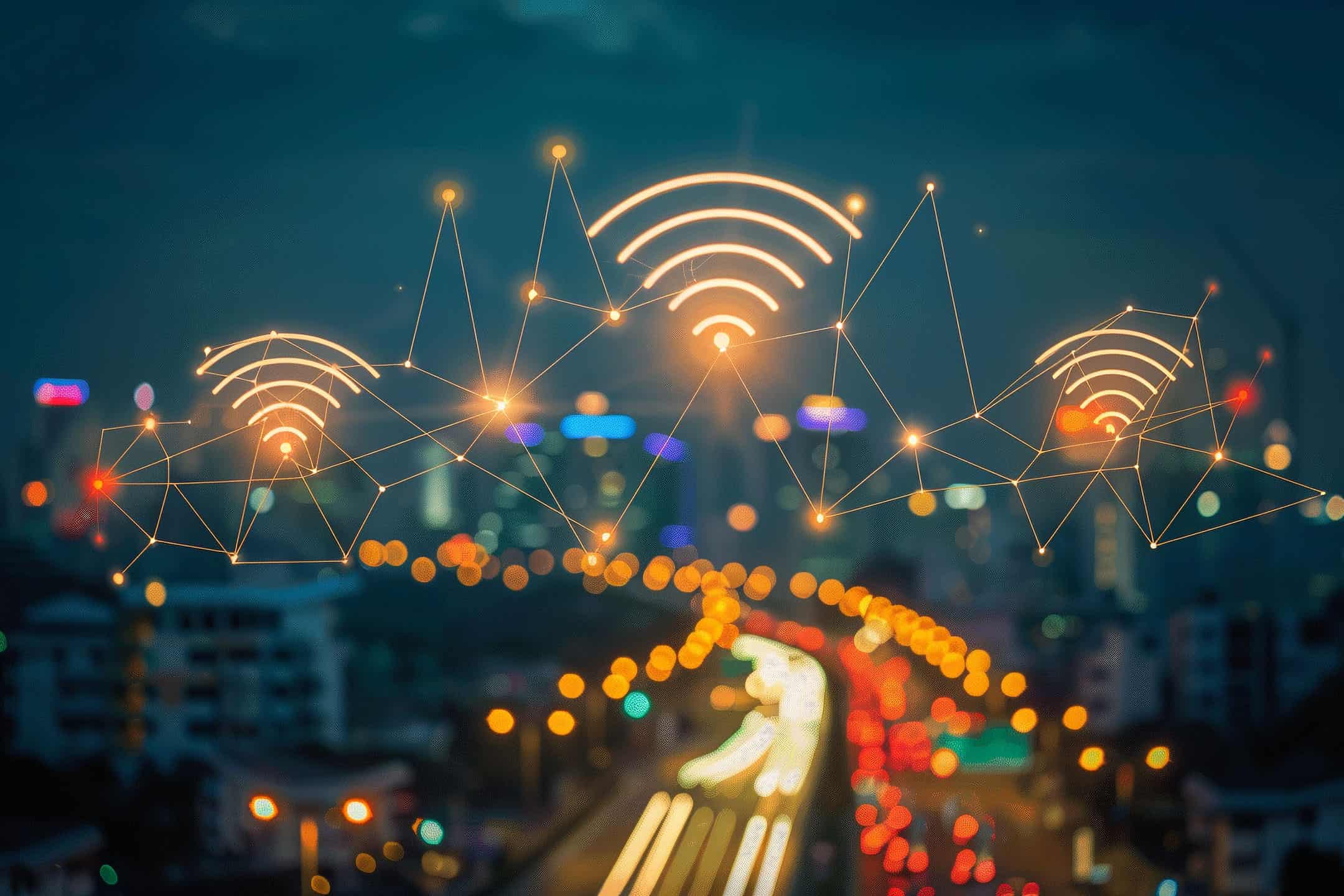 Digital network connections over a cityscape at night.