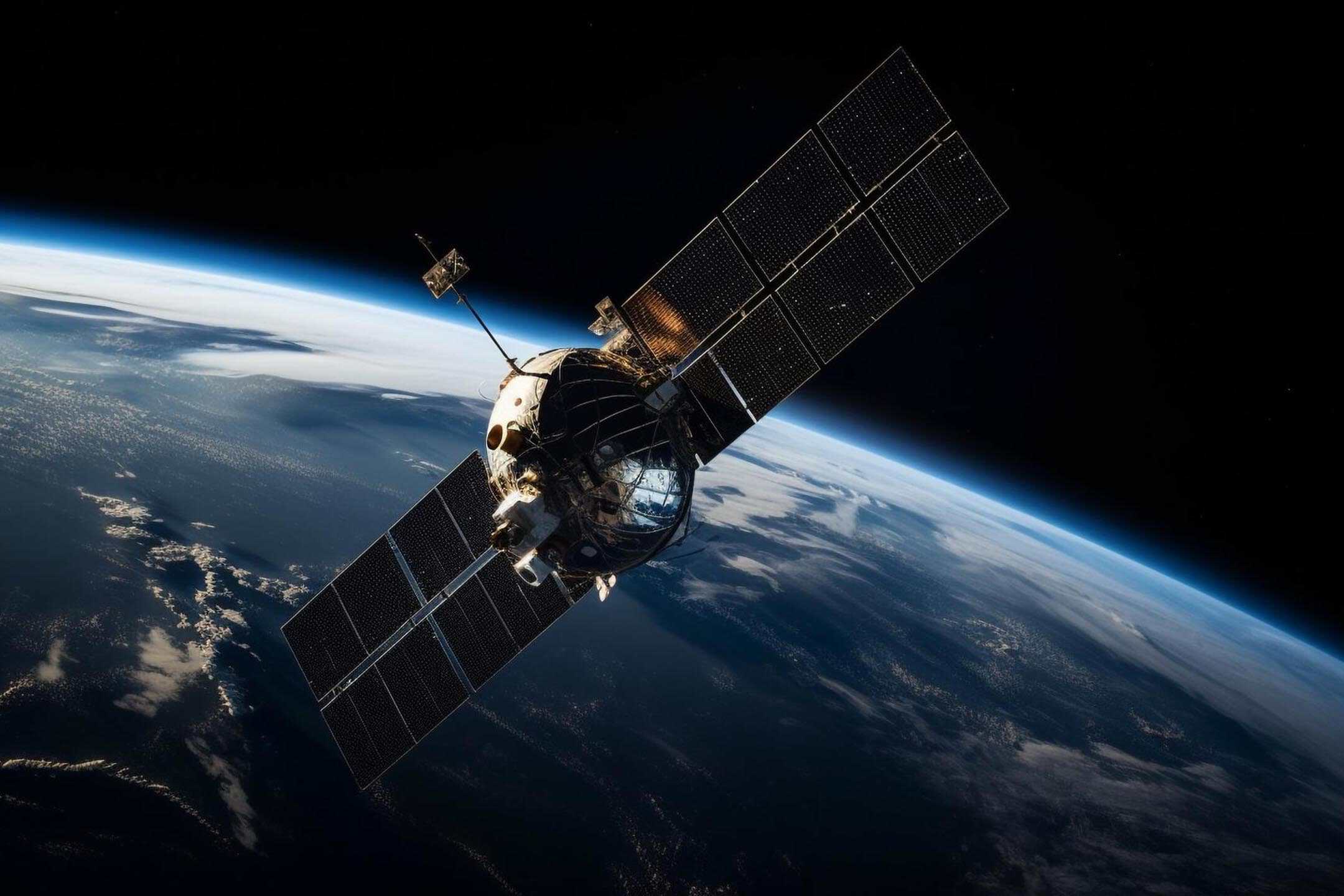 Satellite in space orbiting Earth with solar panels extended.