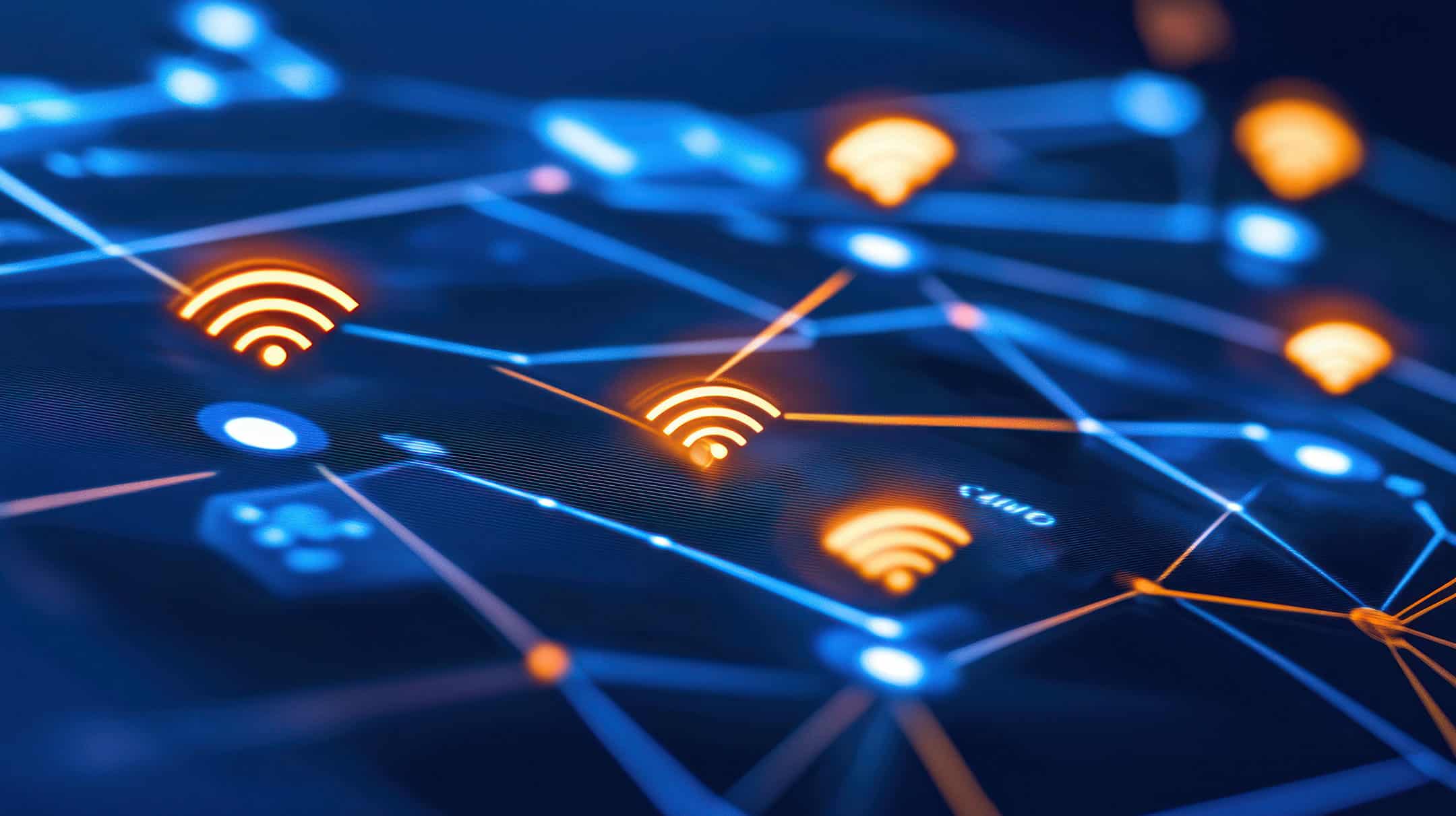Illustration of digital network with Wi-Fi signals and data connections.