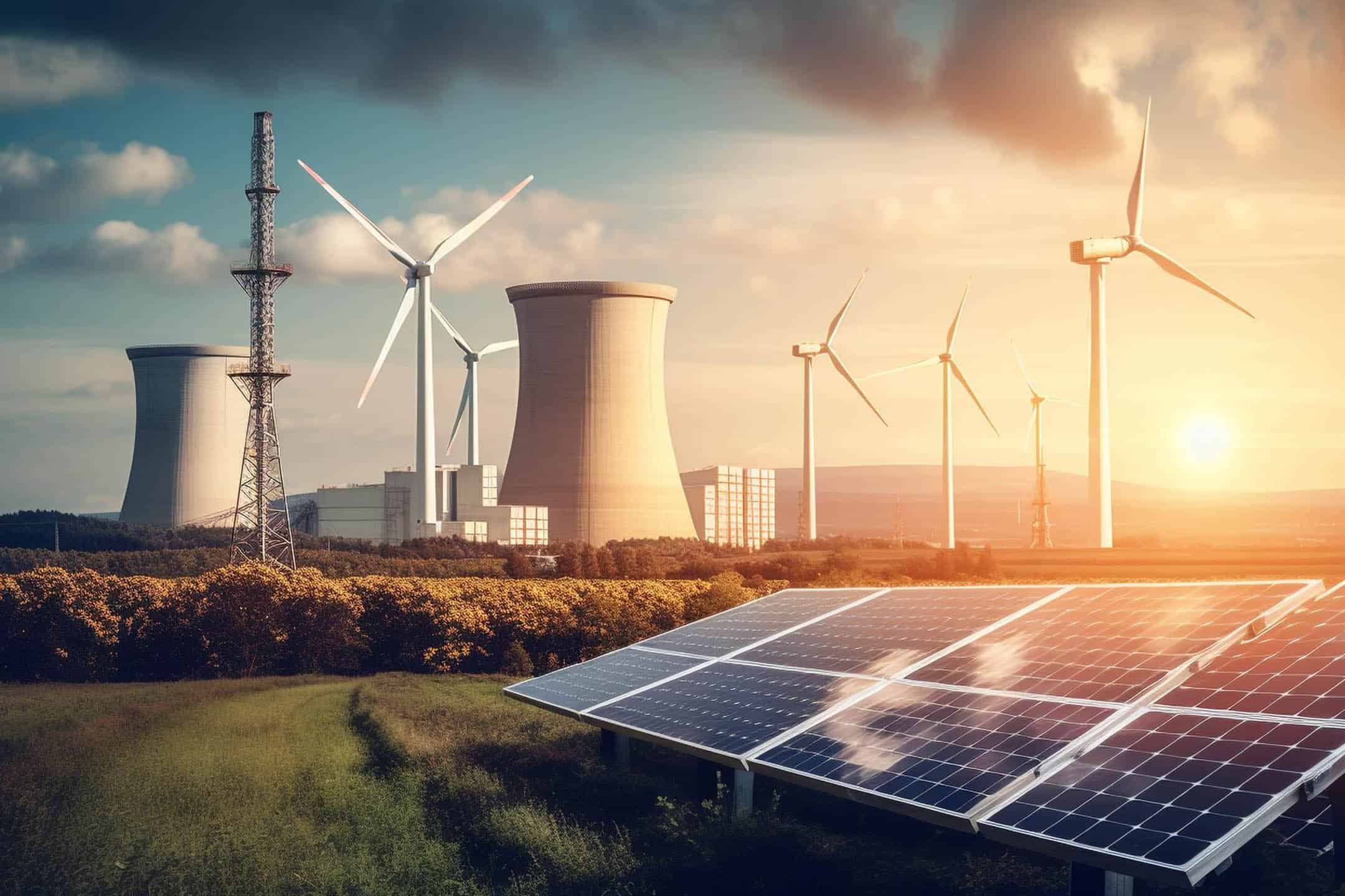 Wind turbines and solar panels in a renewable energy farm at sunset.