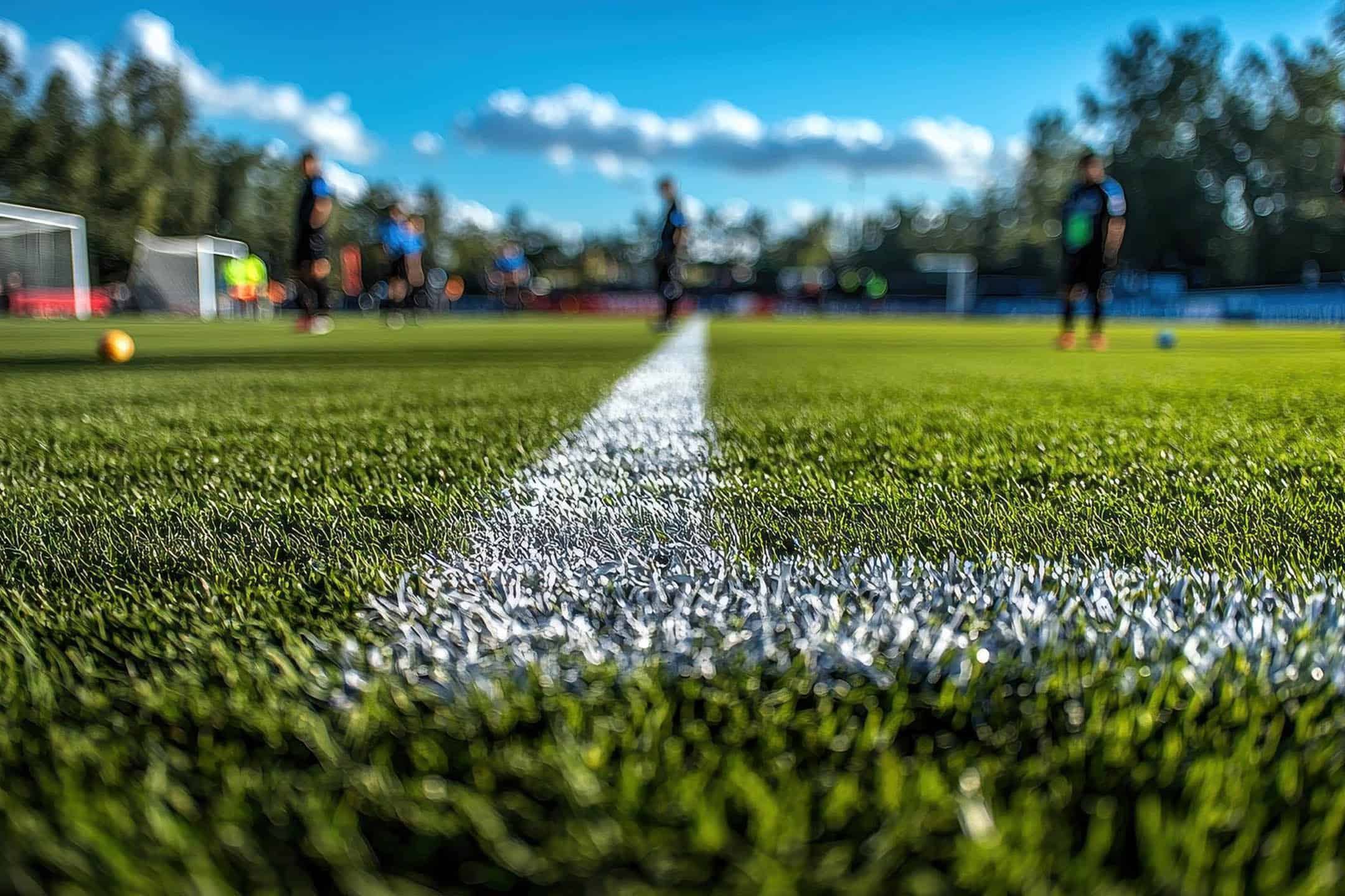 Football field with players and a bright blue sky with clouds.