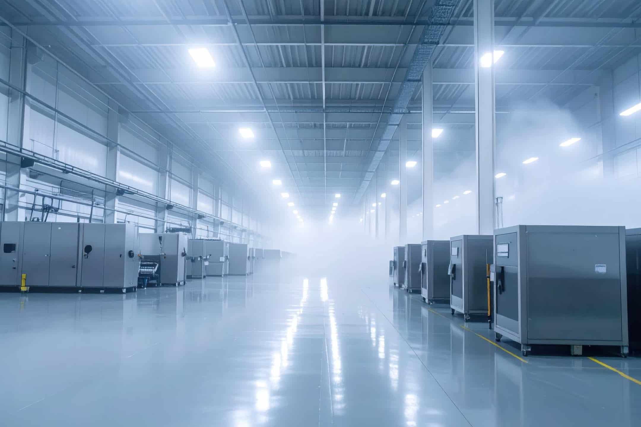 Modern data centre with server racks and cooling systems in a clean, well-lit environment.